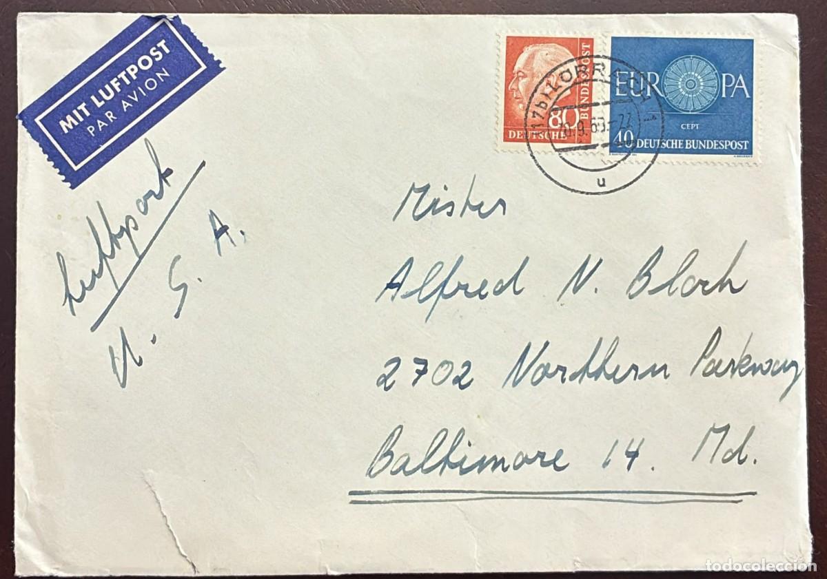 Sellos: TS) 1963 GERMANY, AIRMAIL, COVER SENT FROM AUM&Uuml;HLE TO BALTIMORE,WITH PRESIDENT DR. THEDORE HEUSS 3C