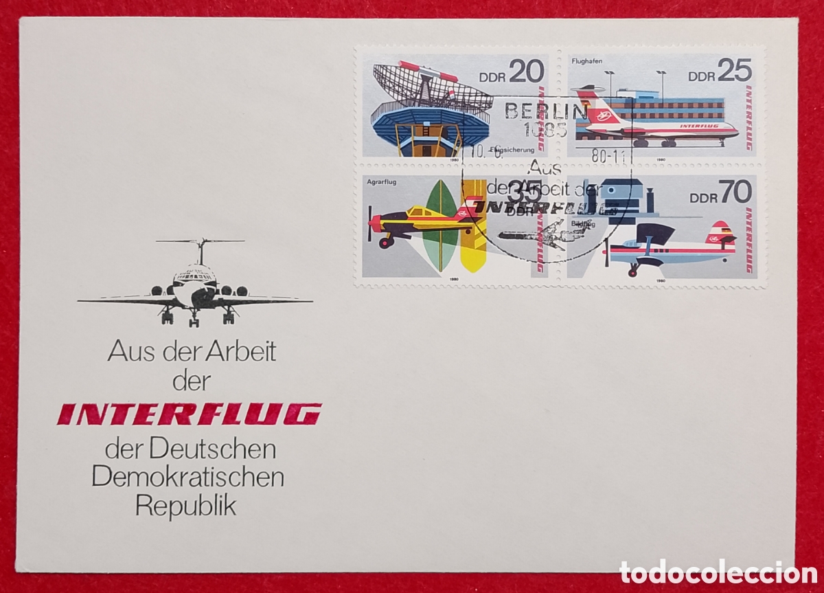 Sellos: Sobre Primer D&iacute;a Alemania Oriental (DDR) 1980 - 25 Aniversario Interflug