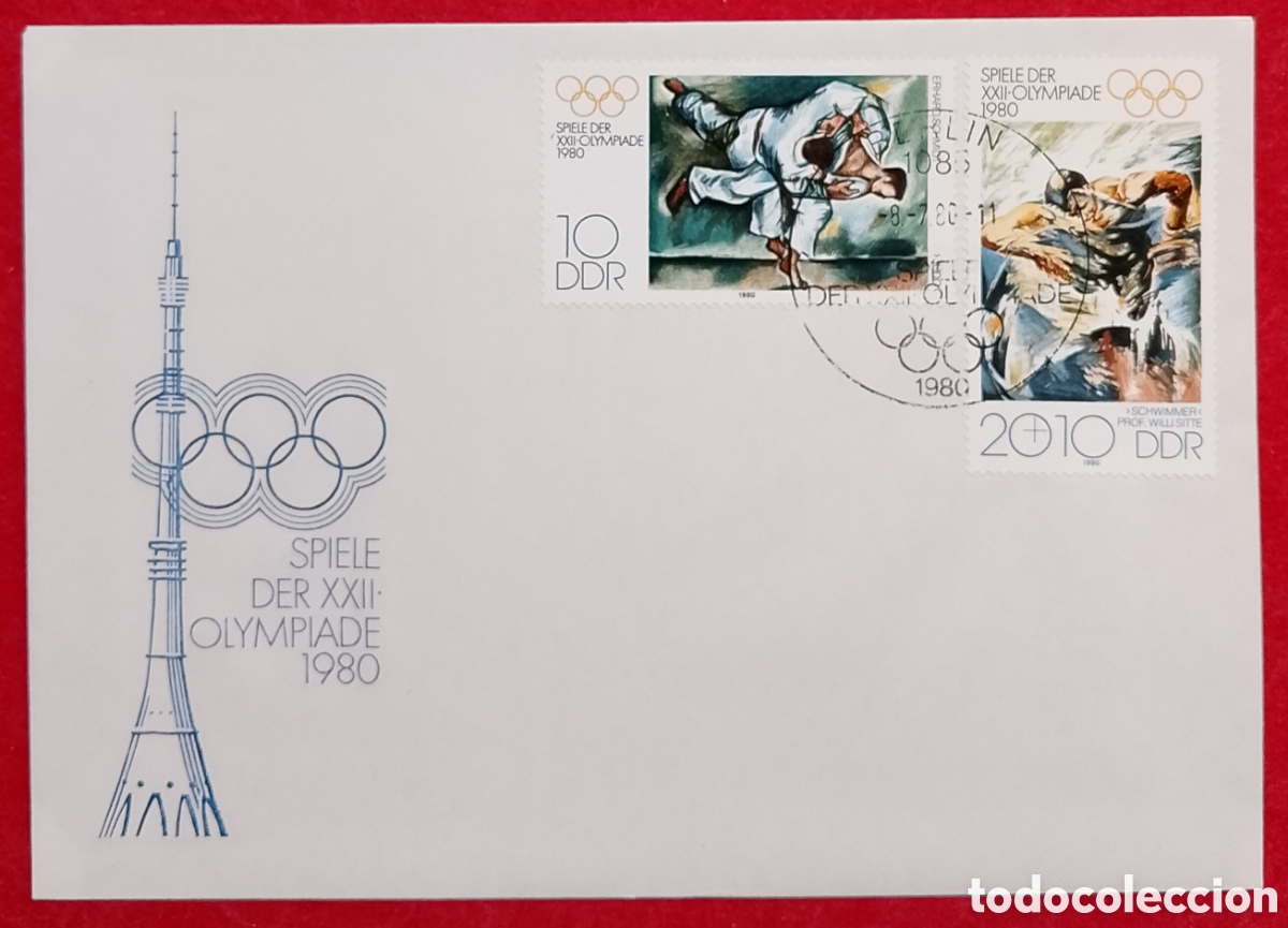 Sellos: Sobre Primer D&iacute;a (FDC) Alemania Oriental DDR 1980 - Juegos Ol&iacute;mpicos de Mosc&uacute; - Yudo y Nataci&oacute;n