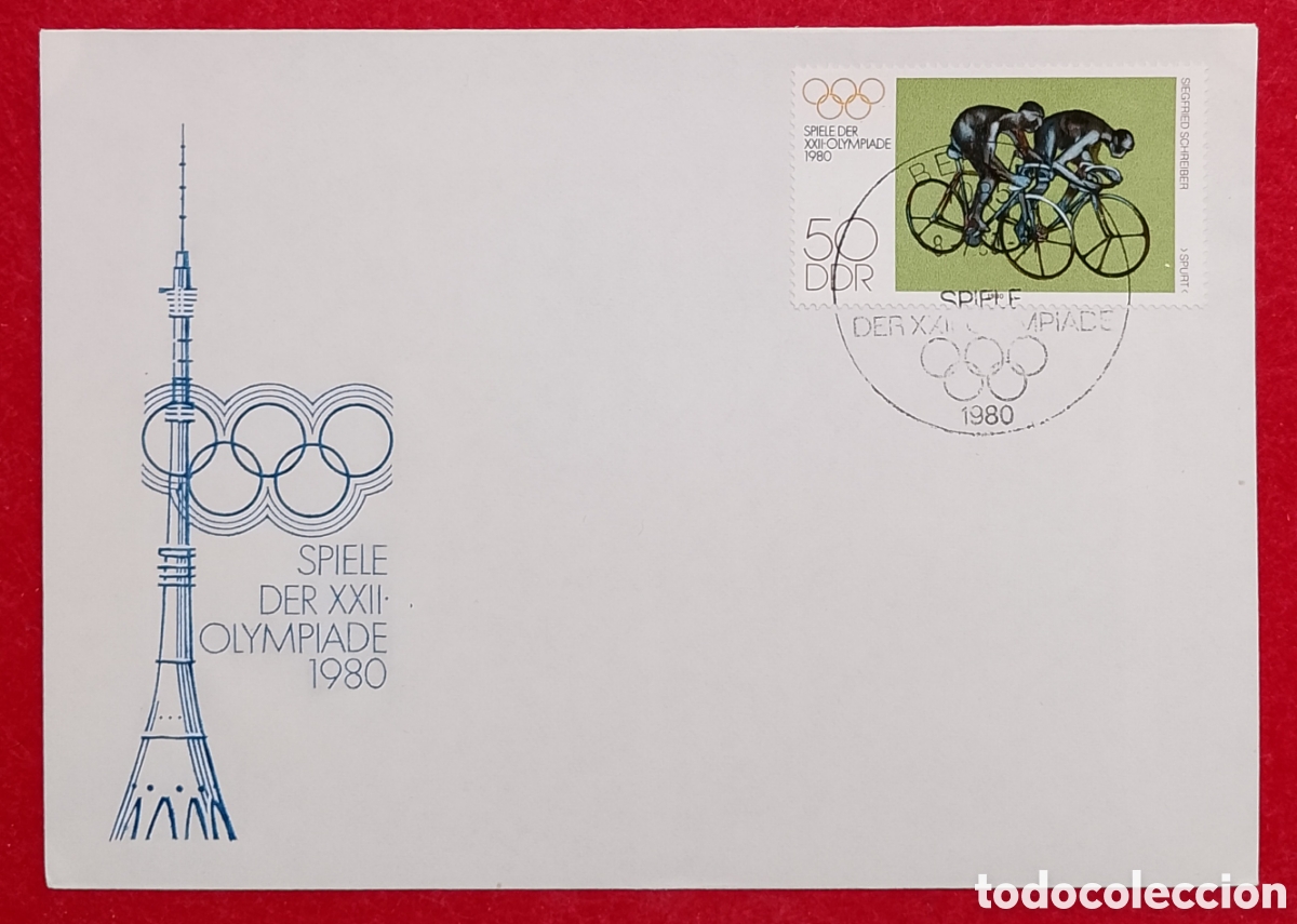 Sellos: Sobre Primer D&iacute;a Alemania Oriental DDR - Olimpiadas Mosc&uacute; 1980 Ciclismo