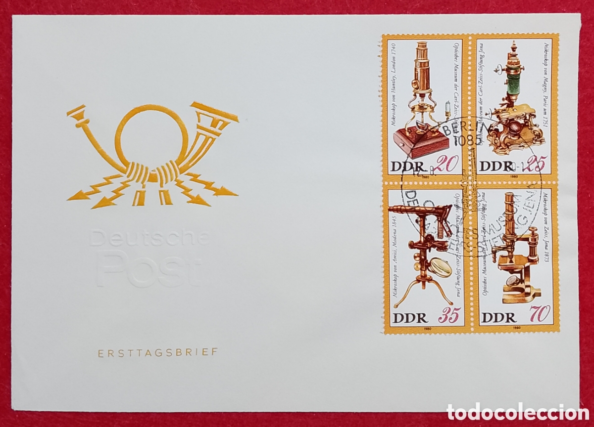 Sellos: Sobre Primer D&iacute;a (FDC) RDA / DDR 1980 - Bloque de 4 Sellos de Microscopios &Oacute;pticos