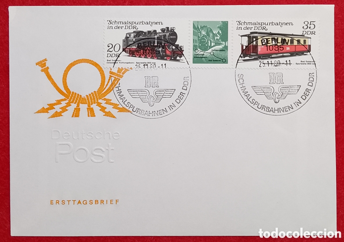 Sellos: Sobre Primer D&iacute;a (FDC) Alemania Oriental DDR 1980 - Locomotoras V&iacute;a Estrecha