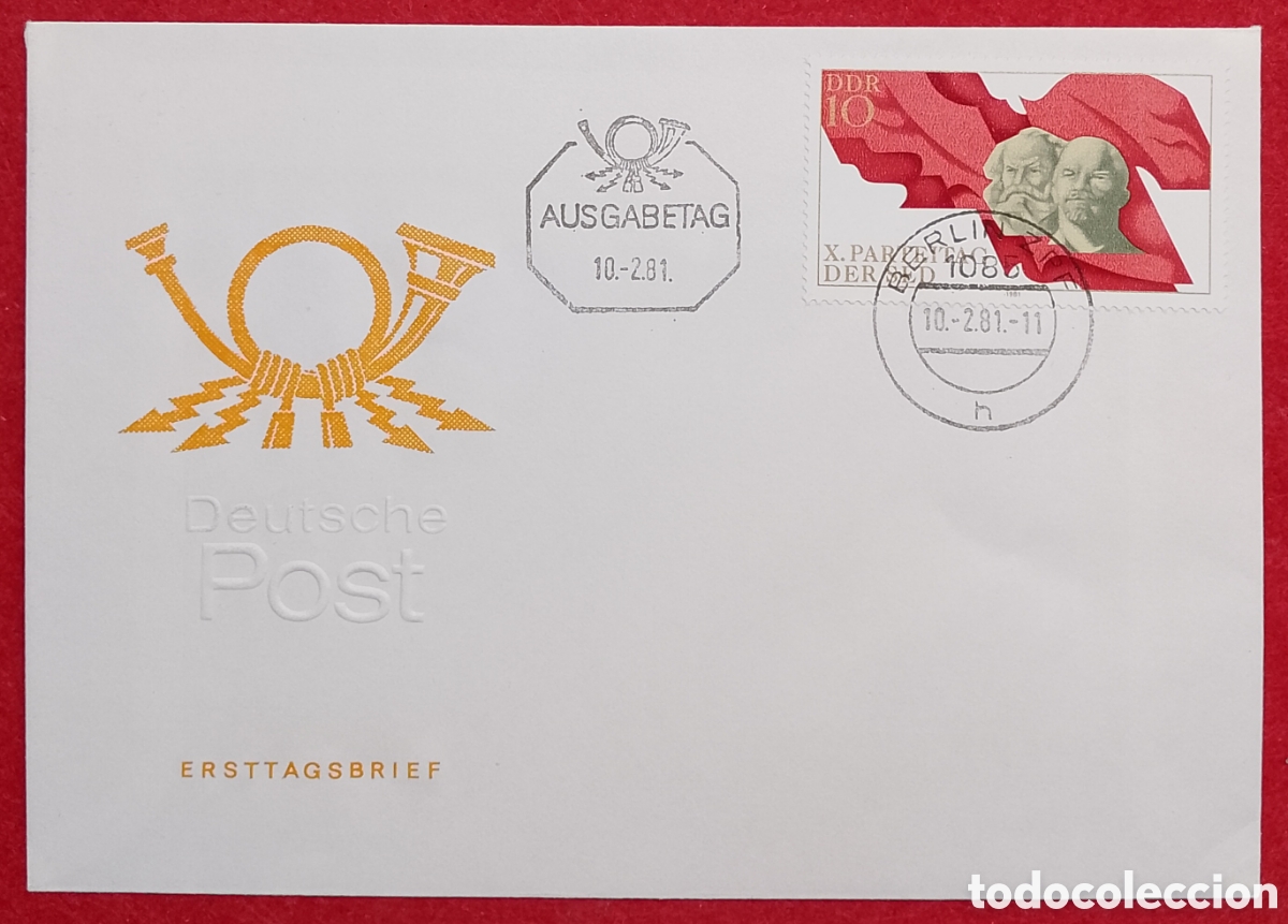 Sellos: Sobre Primer D&iacute;a FDC Alemania Oriental DDR 1981 - X Congreso del SED Marx y Lenin