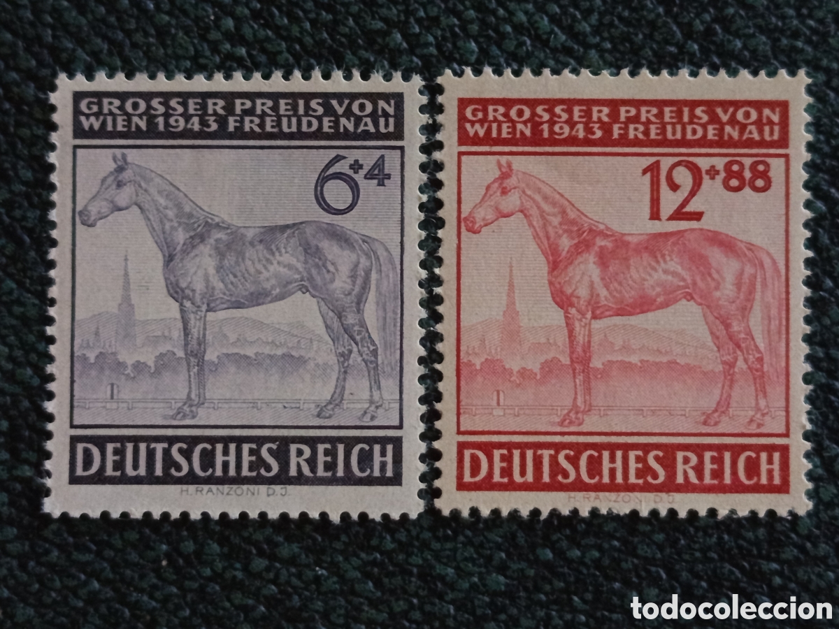 Sellos: Pareja Alemania Carrera Caballos Freudenau Wien 6+4 y 12+88 Pf 1943 MH