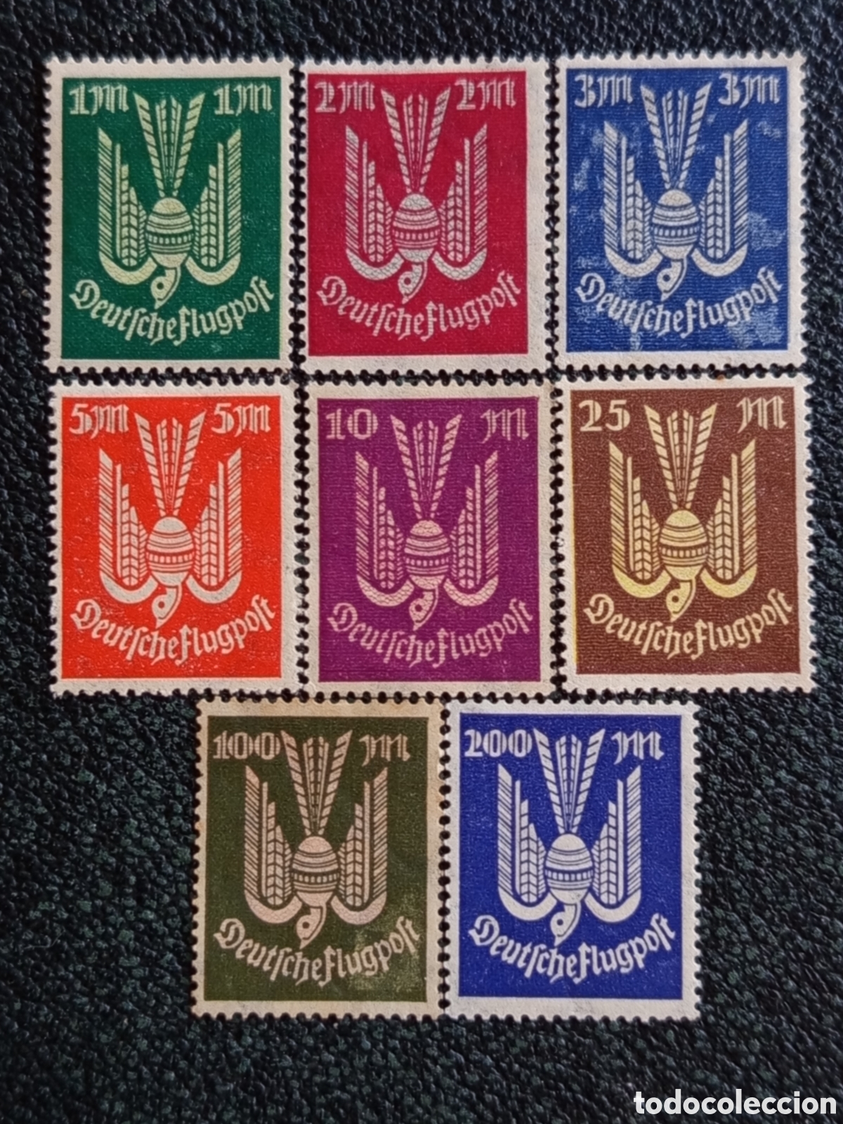 Sellos: Serie Correo Aereo Alemania Paloma Paloma Madera 1M-200M 1922-23 Michel#224-231 MH
