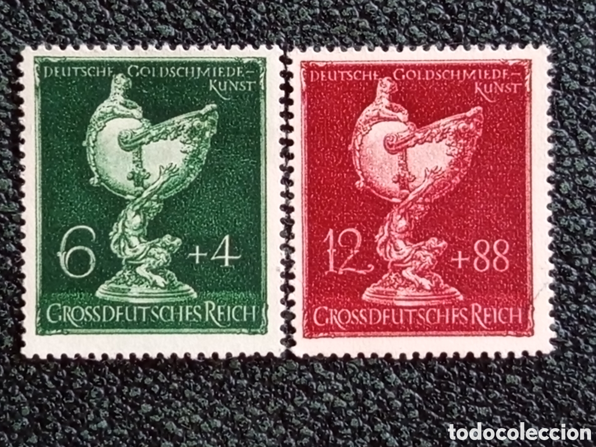 Sellos: Pareja Alemania Tercer Reich Orfebreria Copa Nautilus 6+4 y 12+88 Pf 1944