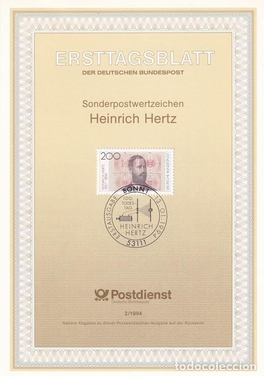 Sellos: Ersttagsblatt 2/1994 Bon / Heinrich Hertz - El f&iacute;sico y ondas hertzianas &middot; Centenario de la muerte..