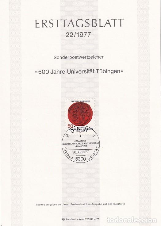 Sellos: Ersttagsblatt 22/1977 Bon / 500 Jahre Universit&auml;t T&uuml;bingen - 500 Aniv. Universidad T&uuml;bingen &middot; Sell..
