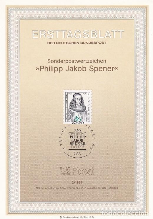 Sellos: Ersttagsblatt 2/1985 Bon / 350 Geburtstag Philipp Jakob Spener - 350 Aniv. del nacimiento del te&oacute;l..