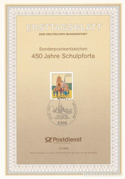 Sellos: Ersttagsblatt 17/1993 Bon / 450 Jahre Schulpforta - 450 Aniv. de la escuela rural Sculpforta &middot; Igl..