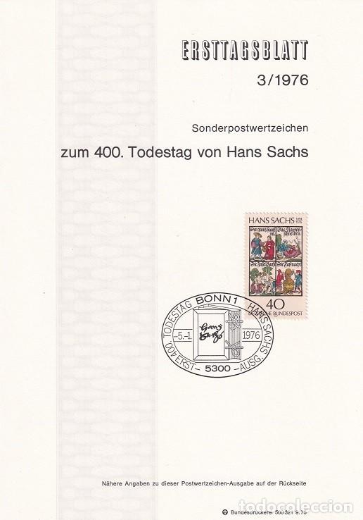 Sellos: Ersttagsblatt 3/1976 Bon / zum 400. Todestag von Hans Sachs - 400 Aniv. muerte del poeta Hans Sach..