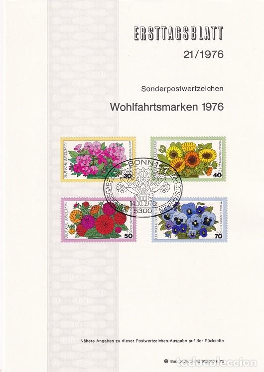 Sellos: Ersttagsblatt 21/1976 Bon / Wohlfahrtsmarken 1976 - Flora &middot; Flor paniculada &middot; Cal&eacute;ndula &middot; Rosa m&iacute;s..