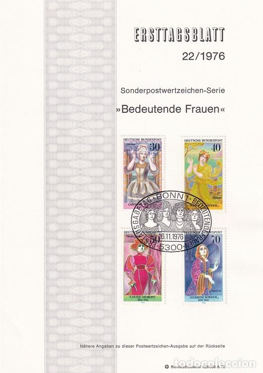 Sellos: Ersttagsblatt 22/1976 Bon / Bedeutende Frauen - Actrices &middot; Carolina Neuber 1697-1760 &middot; Sophie Schr..