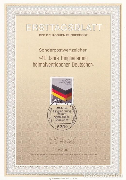 Sellos: Ersttagsblatt 23/1985 Alemania - Integraci&oacute;n de los refugiados &middot; Colores - 40 Jahre Eingliederung ..