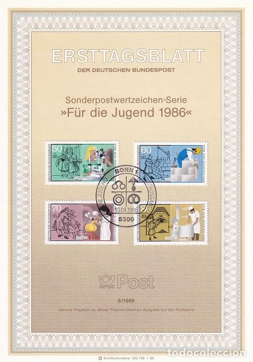 Sellos: Ersttagsblatt 6/1986 Bon - Pro juventud Profesiones &middot; &Oacute;ptico &middot; Alba&ntilde;il &middot; Peluquera &middot; Panadero