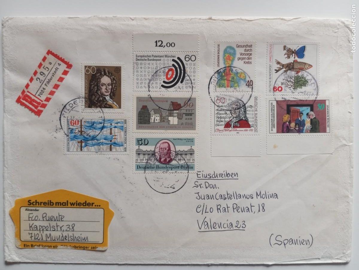 Sellos: ALEMANIA, 1981, CERTIFICADO A VALENCIA, MATASELLOS LLEGADA AL DORSO