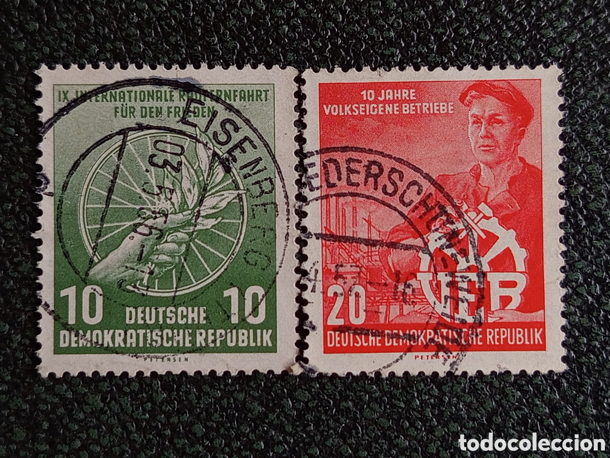 Sellos: RDA Alemania Oriental 1956 Lote 2 Sellos Carrera de la Paz e Industria VEB Usados