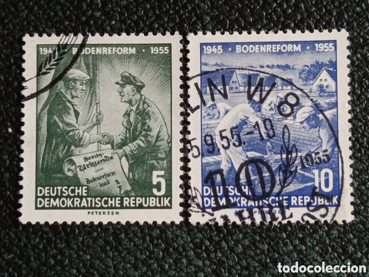 Sellos: Alemania Oriental DDR 1955 Reforma Agraria Pareja 5 y 10 Pf - Michel #486-487