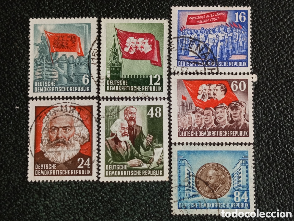 Sellos: Alemania Oriental DDR 1953 Karl Marx + Plan Quinquenal Lote 7 Sellos Usados