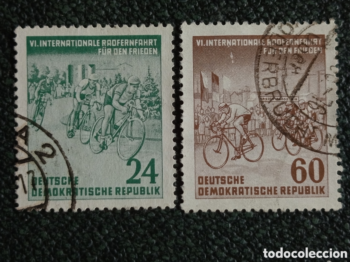 Sellos: Alemania Oriental DDR 1953 Carrera Paz Ciclismo Pareja 24 y 60 Pf - Michel #358-359