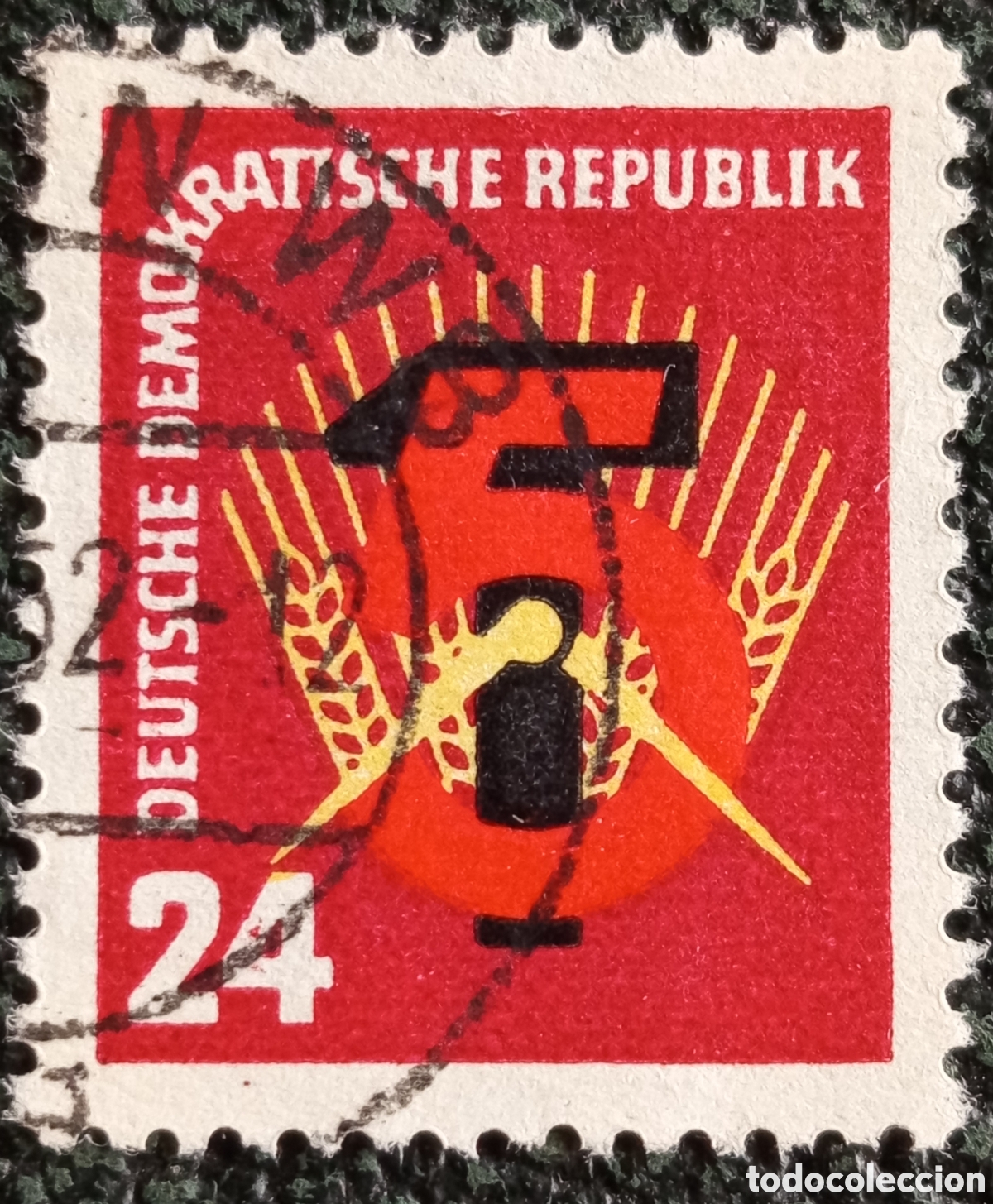 Sellos: Alemania Oriental DDR 1950 Plan Quinquenal Sobrebanda 5 a&ntilde;os 24 Pf - Michel #278