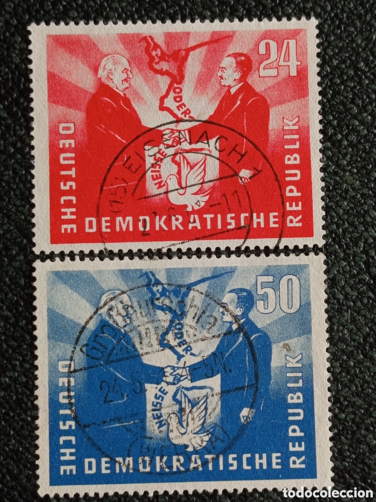Sellos: Alemania Oriental DDR 1951 Frontera Oder-Neisse Pareja 24 y 50 Pf - Michel #284-285