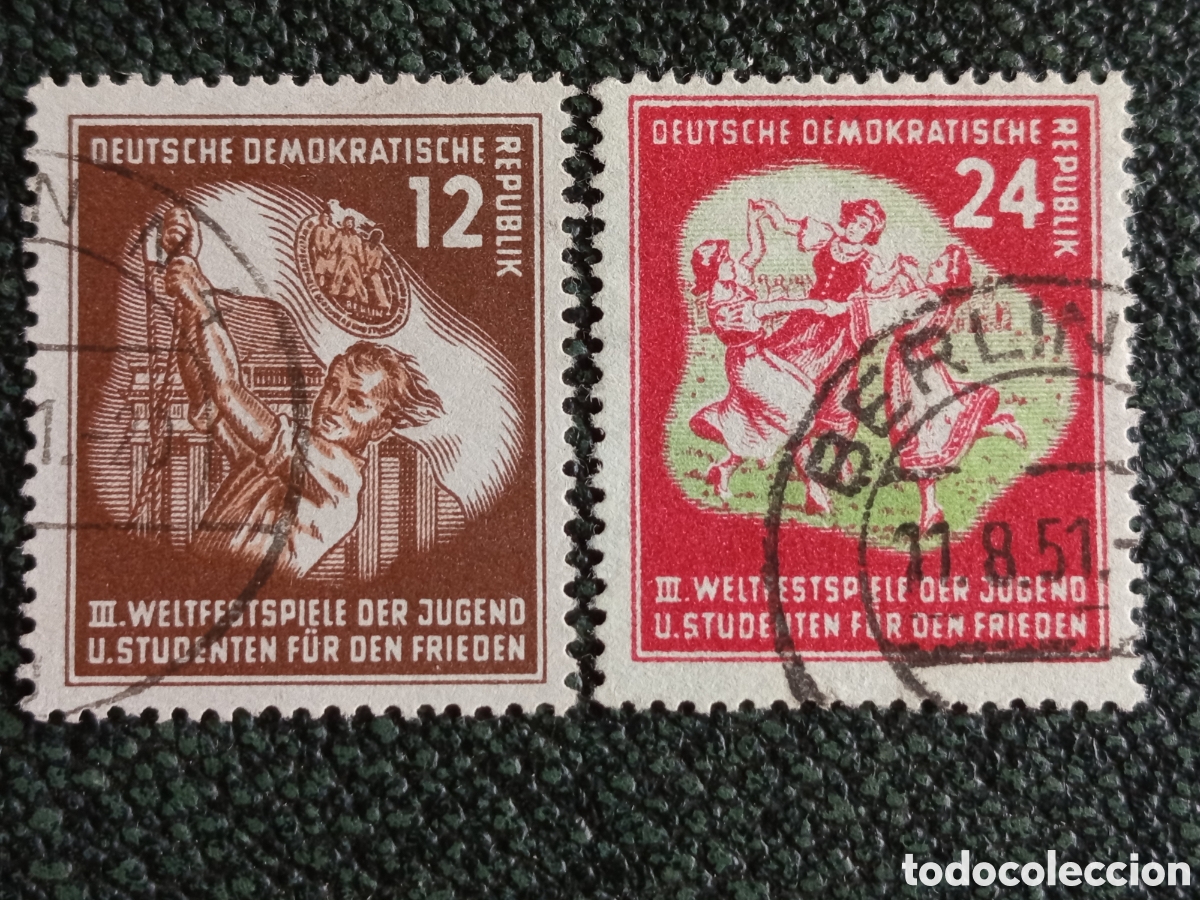 Sellos: Alemania Oriental DDR 1951 III Festival Juventud Berl&iacute;n Pareja 12 y 24 Pf - Mi #282-283