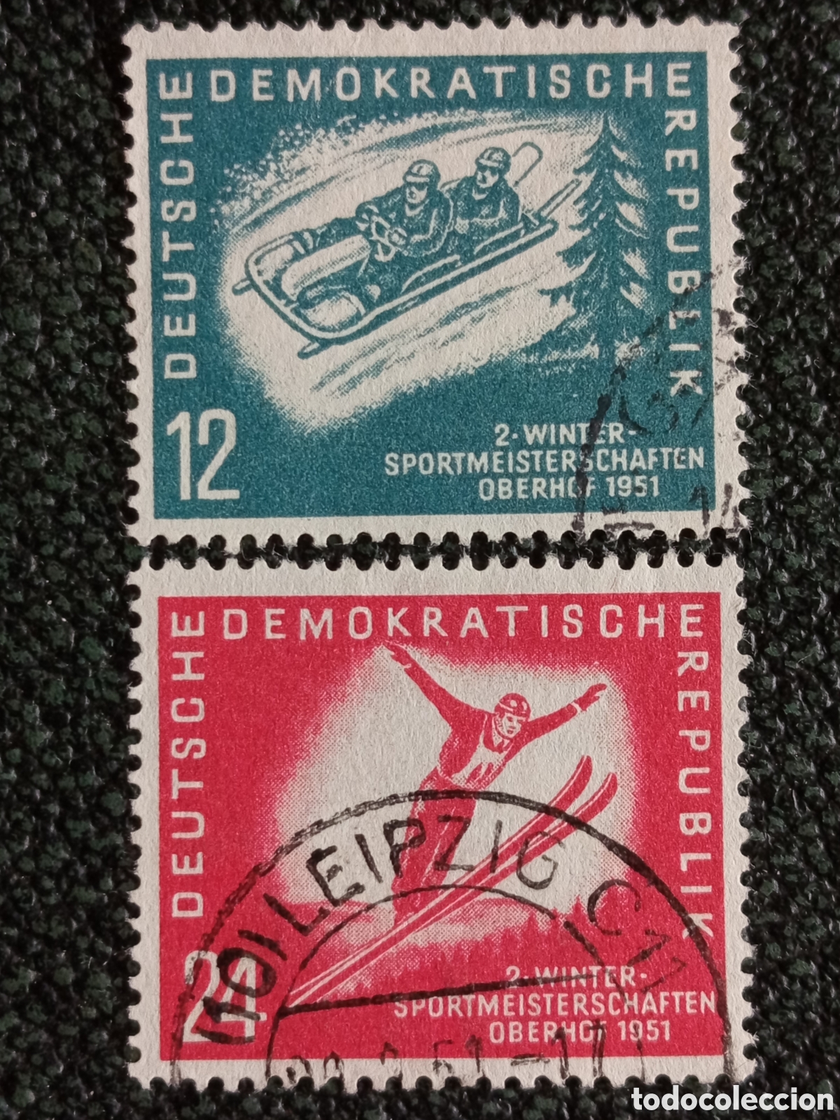 Sellos: Alemania Oriental DDR 1951 Deporte Invierno Oberhof Pareja 12 y 24 Pf - Mi #286-287