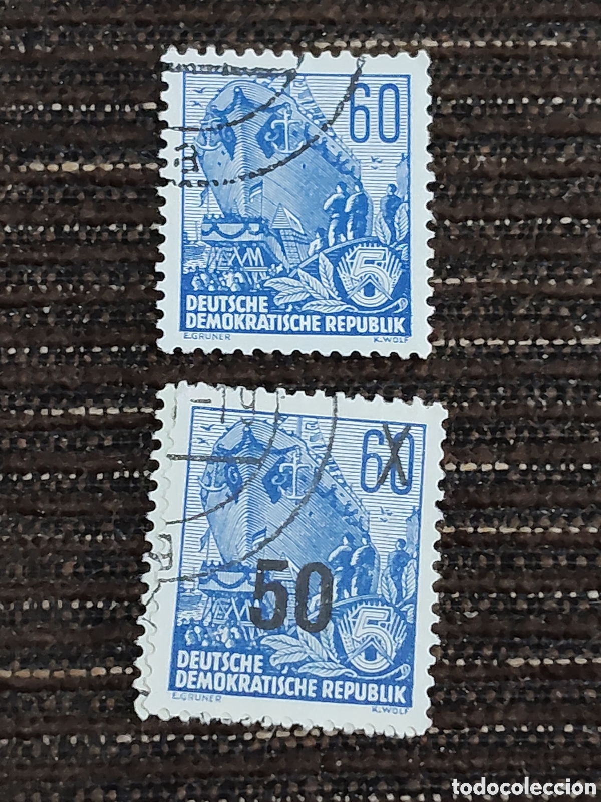 Timbres: 2 sellos de la DDR Plan Quinquenal Barco y trabajadores 1953