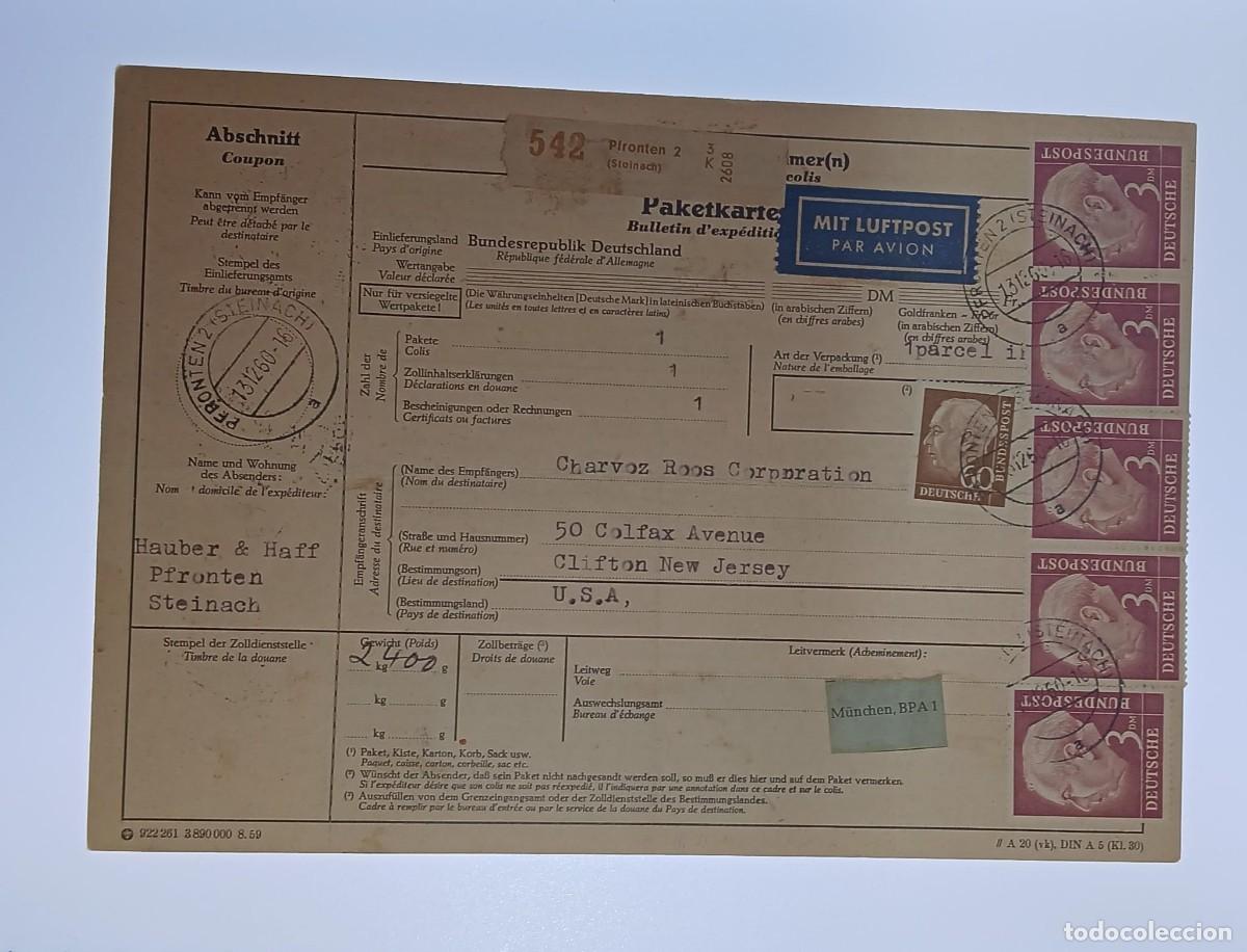 Sellos: Tarjeta de paquete Alemania-USA Ver foto