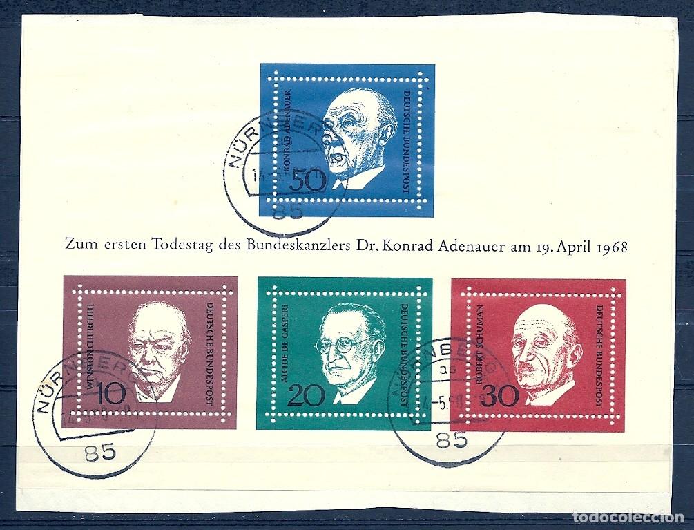 Sellos: ALEMANIA - 1968 - 1&ordm; ANIVERSARIO DE LA MUERTE DE KONRAD ADENAUER - BLOQUE PEGADO A UN PAPEL - USADO