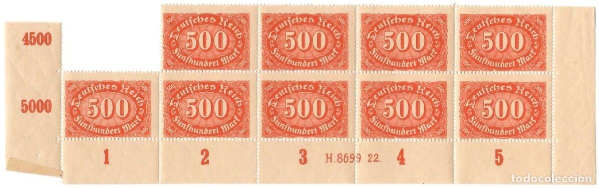Stamps: Imperio alem&aacute;n 1922 / Bloque 9 en esquinas infe. Serie b&aacute;sica Cifras / Deutsches Reich - 500 Naranja