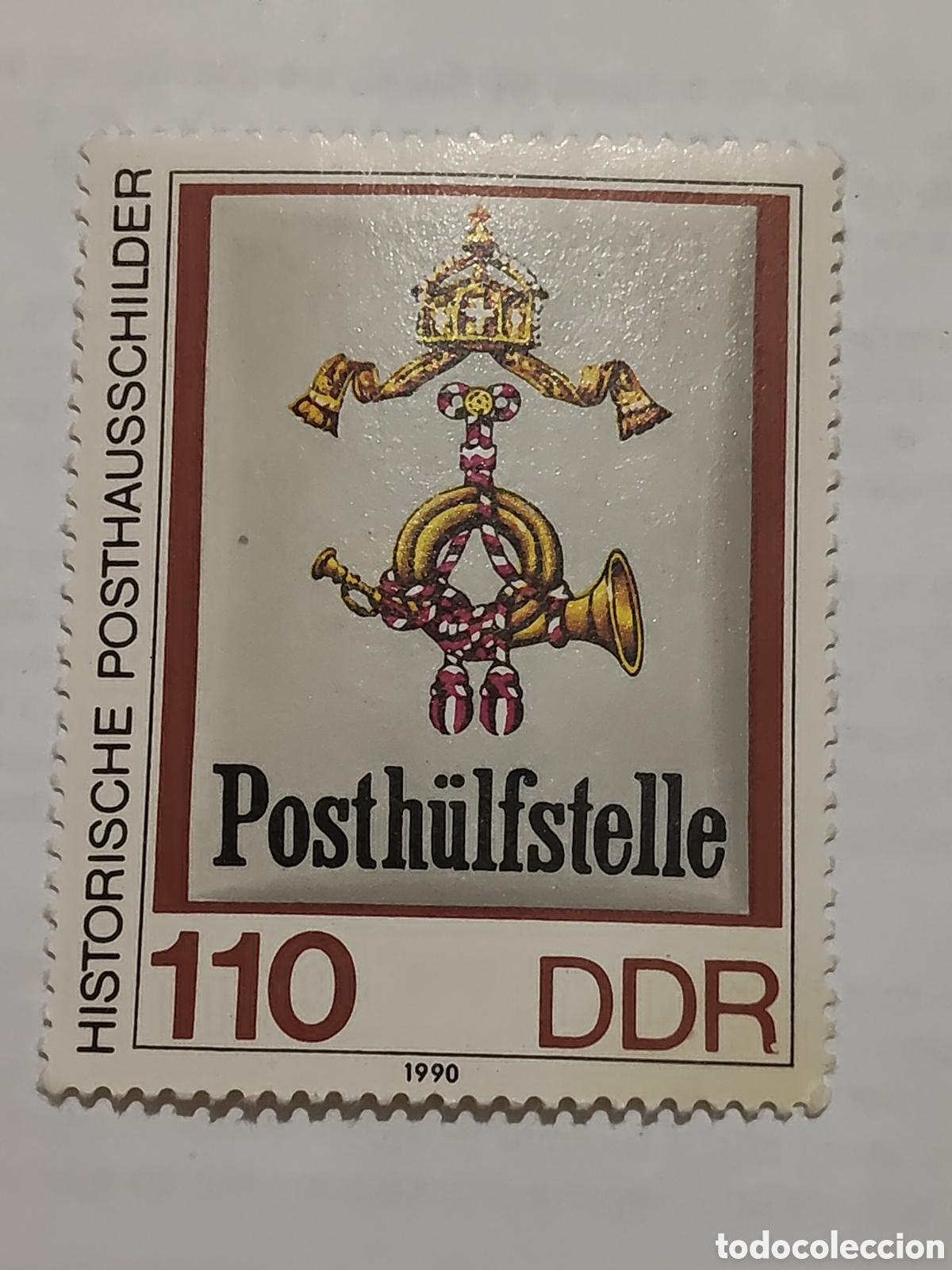 Sellos: Sello de la DDR letrero de una antigua oficina auxiliar de correos 1990
