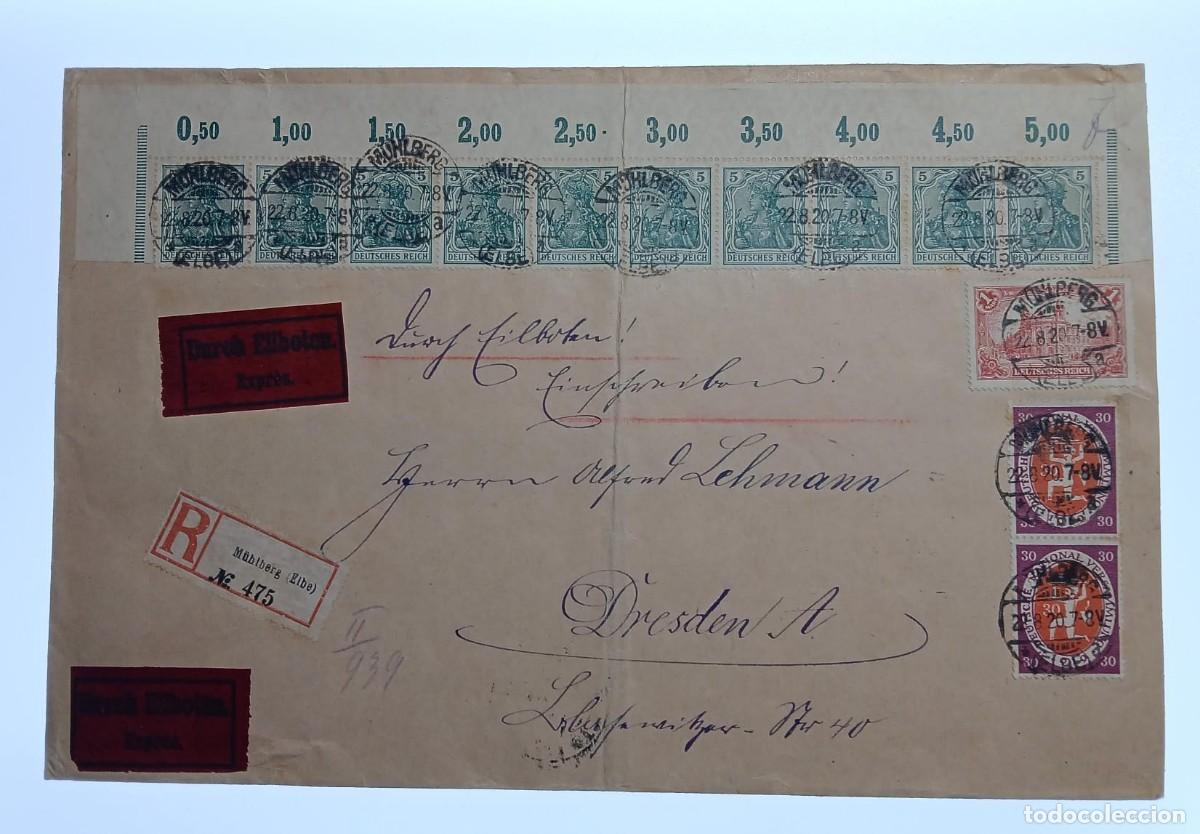 Sellos: Alemania 1920 Carta certificada con TIRA DE LOS 10 SELLOS SUPERIORES RARO!