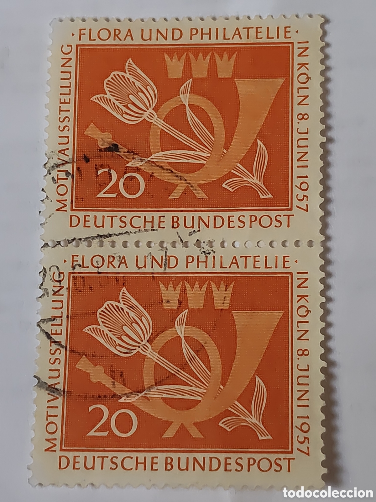 Sellos: Bloque de 2 sellos de Alemania Federal exposici&oacute;n flores y filatelia Colonia 1957