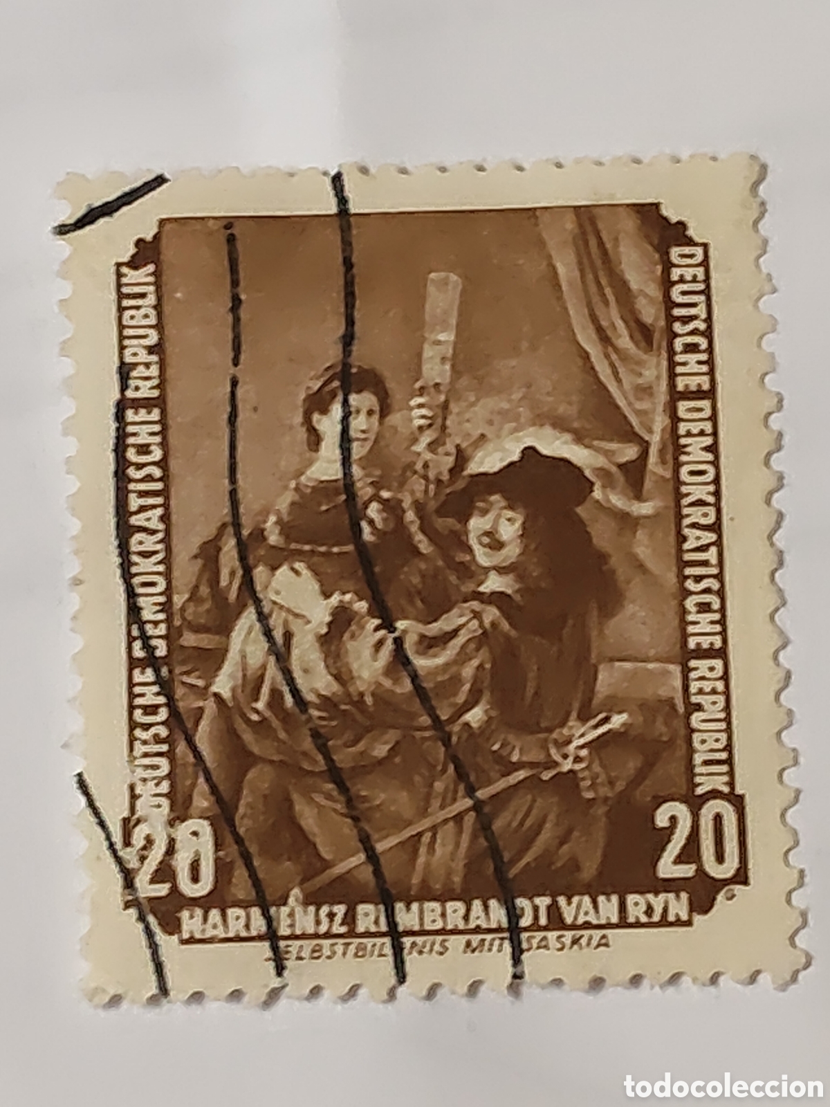 Sellos: Sello de la DDR Autorretrato con Saskia en alem&aacute;n de Rembrandt 1955