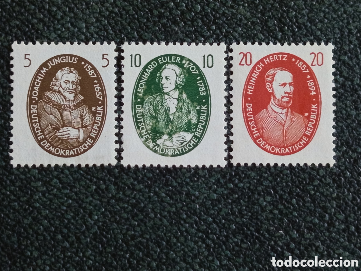 Sellos: Alemania DDR 1957 Lote 3 Sellos Cientiﬁcos Euler Hertz Jungius MNH Michel 586/588