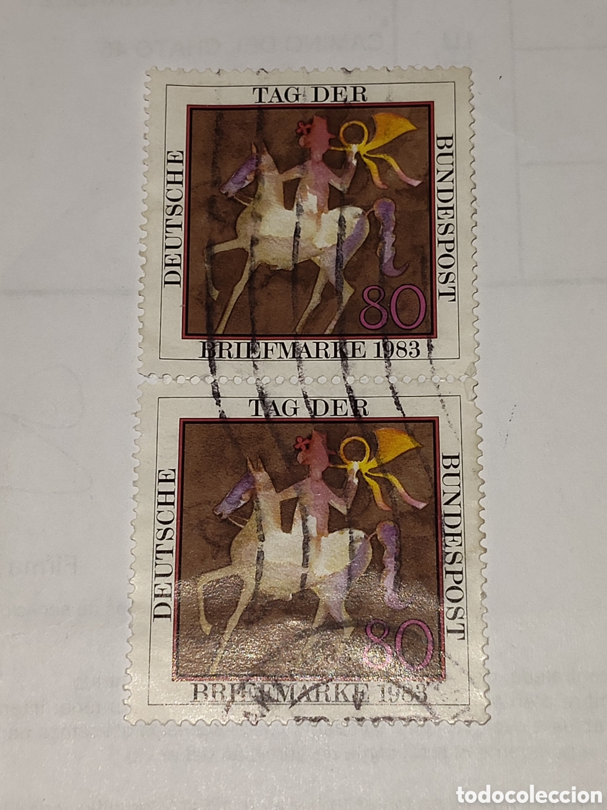 Briefmarken: 2 sellos de Alemania Federal jinete de correos con trompa o cuerno postal 1983