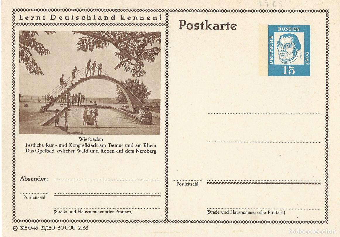 Selos: 1963. ALEMANIA/GERMANY. ENTERO POSTAL/STATIONERY. CONOZCA ALEMANIA! WIESBADEN. TURISMO. PISCINA.