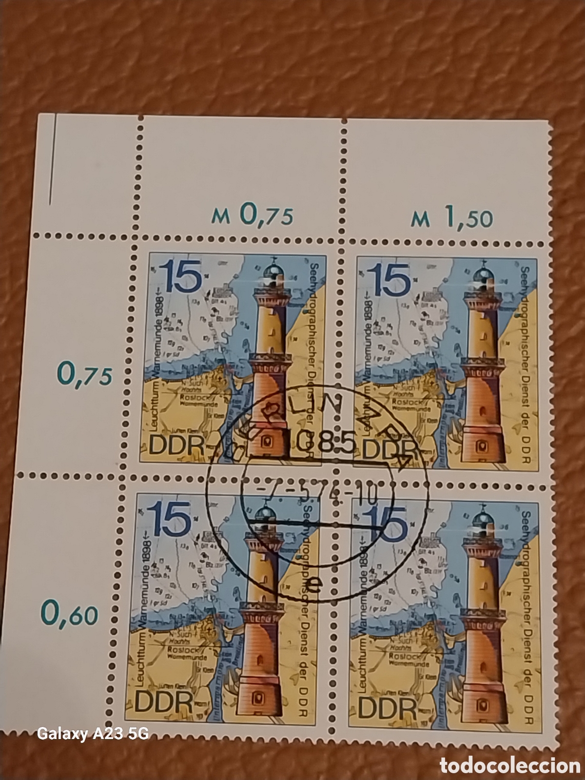 Sellos: Bloque 4 DDR 1974 Faro Warnem&uuml;nde 15Pf Esquina Pliego Usado Cat Michel 1954