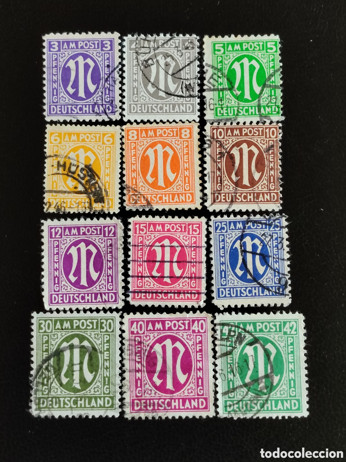 Selos: Lote 12 Sellos Alemania Ocupaci&oacute;n Aliada 1945 AM POST Usados Michel 1 a 35