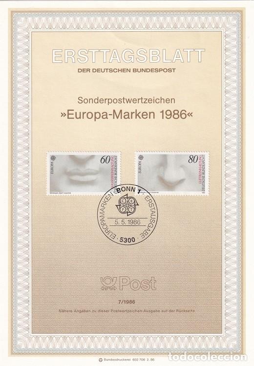 Selos: Ersttagsblatt 7/1986 Bon - Emisi&oacute;n Europa CEPT &middot; Detalles del David de Miguel &Aacute;ngel : boca , nariz