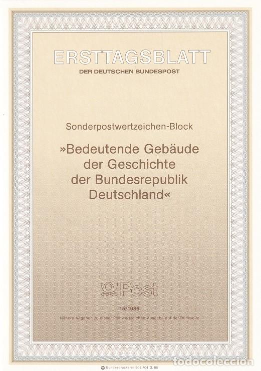 Sellos: Ersttagsblatt 15/1986 Bon - Edificios hist&oacute;ricos &middot; Reichstag &middot; Museo Koenig &middot; Casa federal - Bedeu..