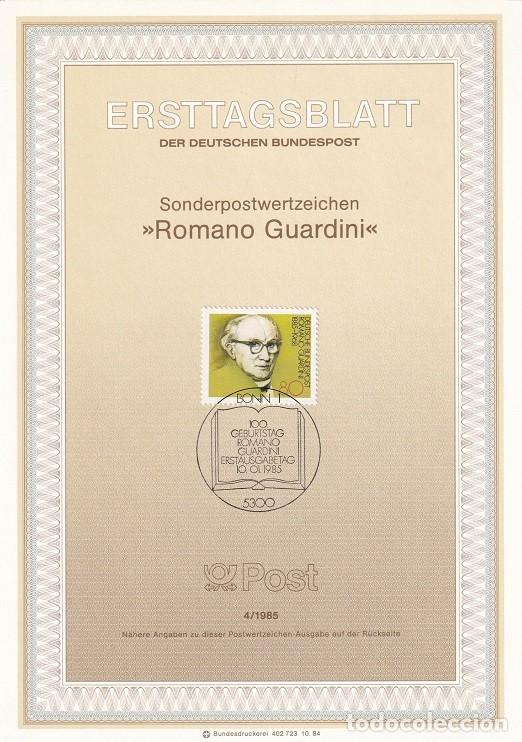 Francobolli: Ersttagsblatt 4/1985 Bon / 100 Geburtstag Romano Guardini - Centenario del nacimiento del te&oacute;logo ..