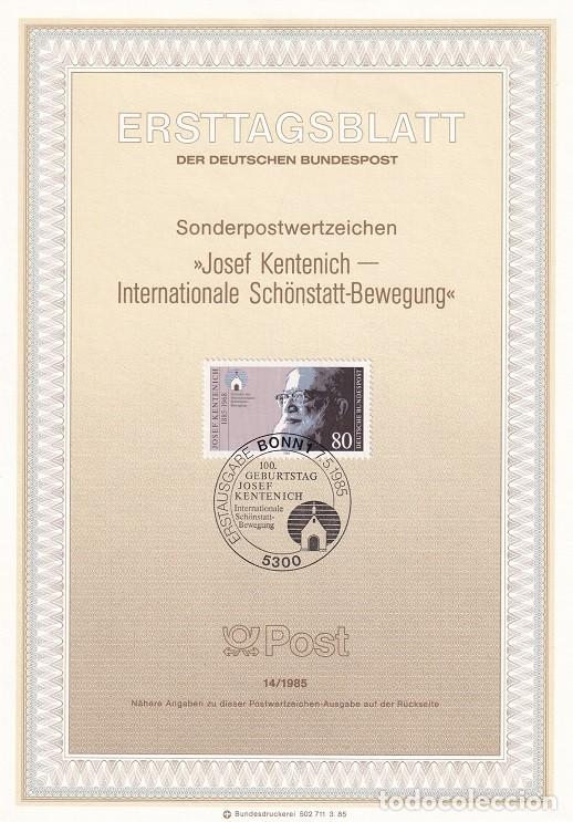 Selos: Ersttagsblatt 14/1985 Bon - Centenario del nacimiento del sacerdote Josef Kentenich 1885-1968