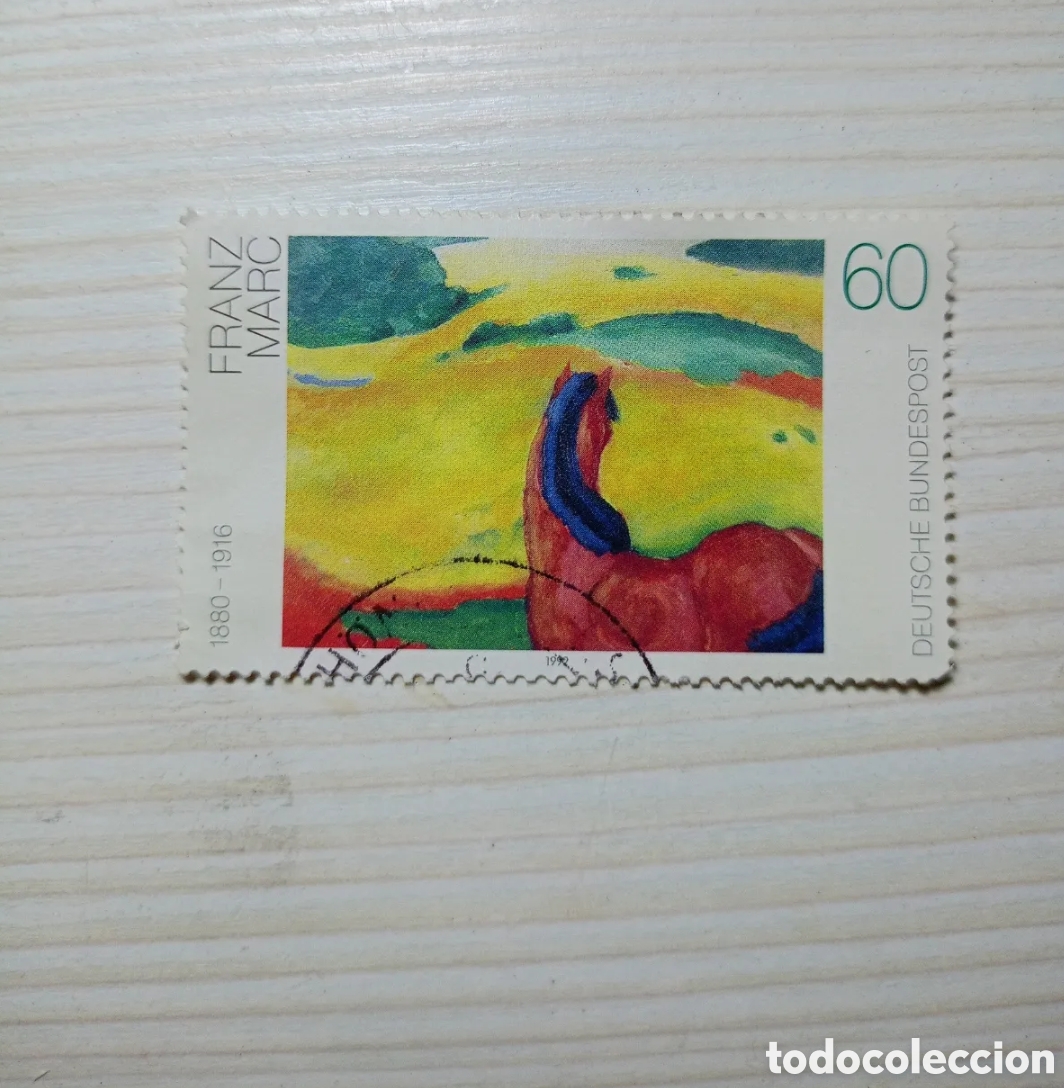 Briefmarken: sello postal alem&aacute;n de 1992 obra expresionista &rdquo;Caballo en un paisaje&rdquo; (1910) del pintor Franz Marc.