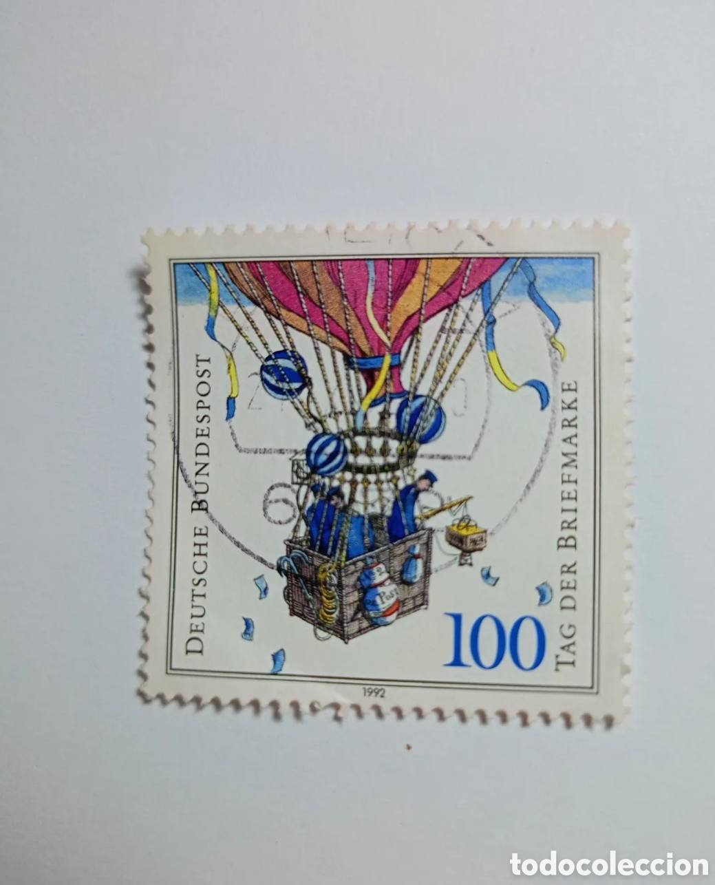 Timbres: sello postal alem&aacute;n de 1992 conmemorativo del D&iacute;a del Sello.El dise&ntilde;o representa un globo postal