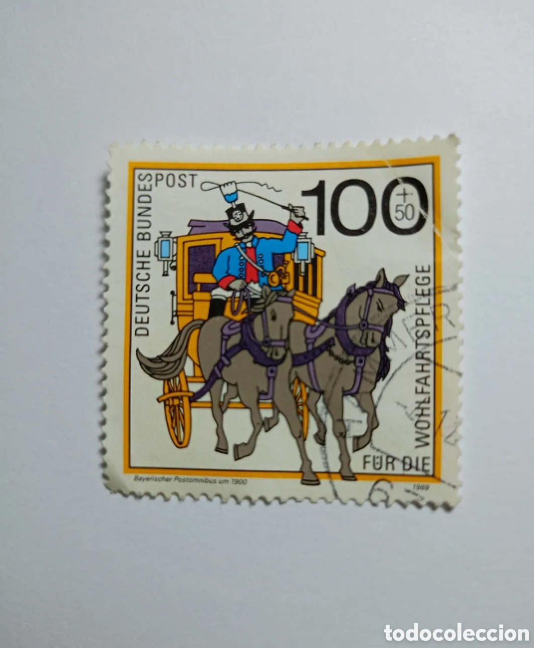 Sellos: sello postal de Alemania Federal de 1989 conmemora el transporte postal en Baviera.Pertenece a l