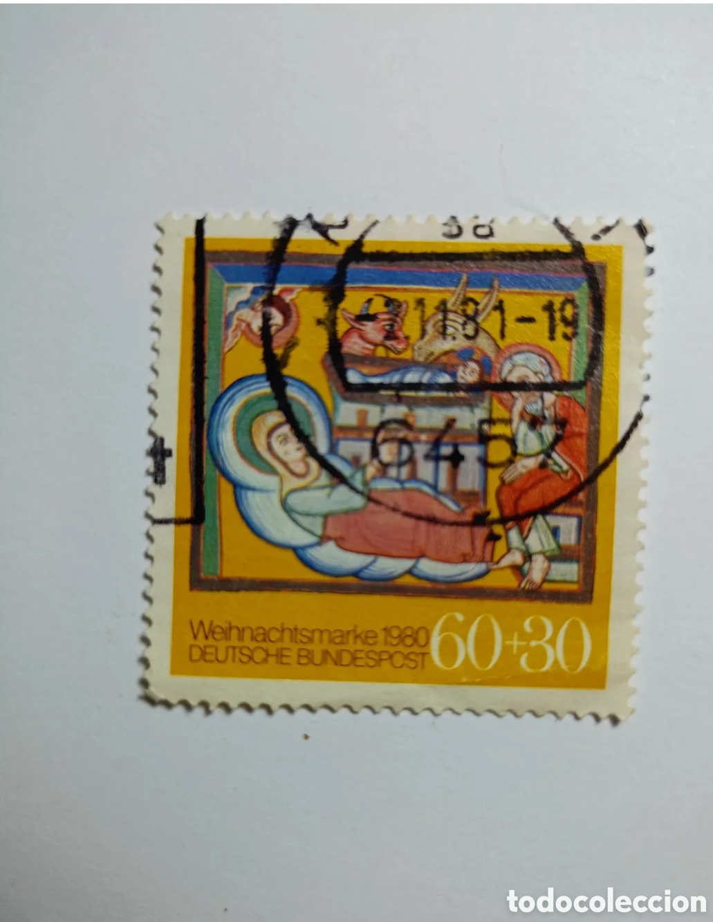 Sellos: sello postal alem&aacute;n de Navidad de 1980 de la Deutsche Bundespost.El dise&ntilde;o muestra una escena de