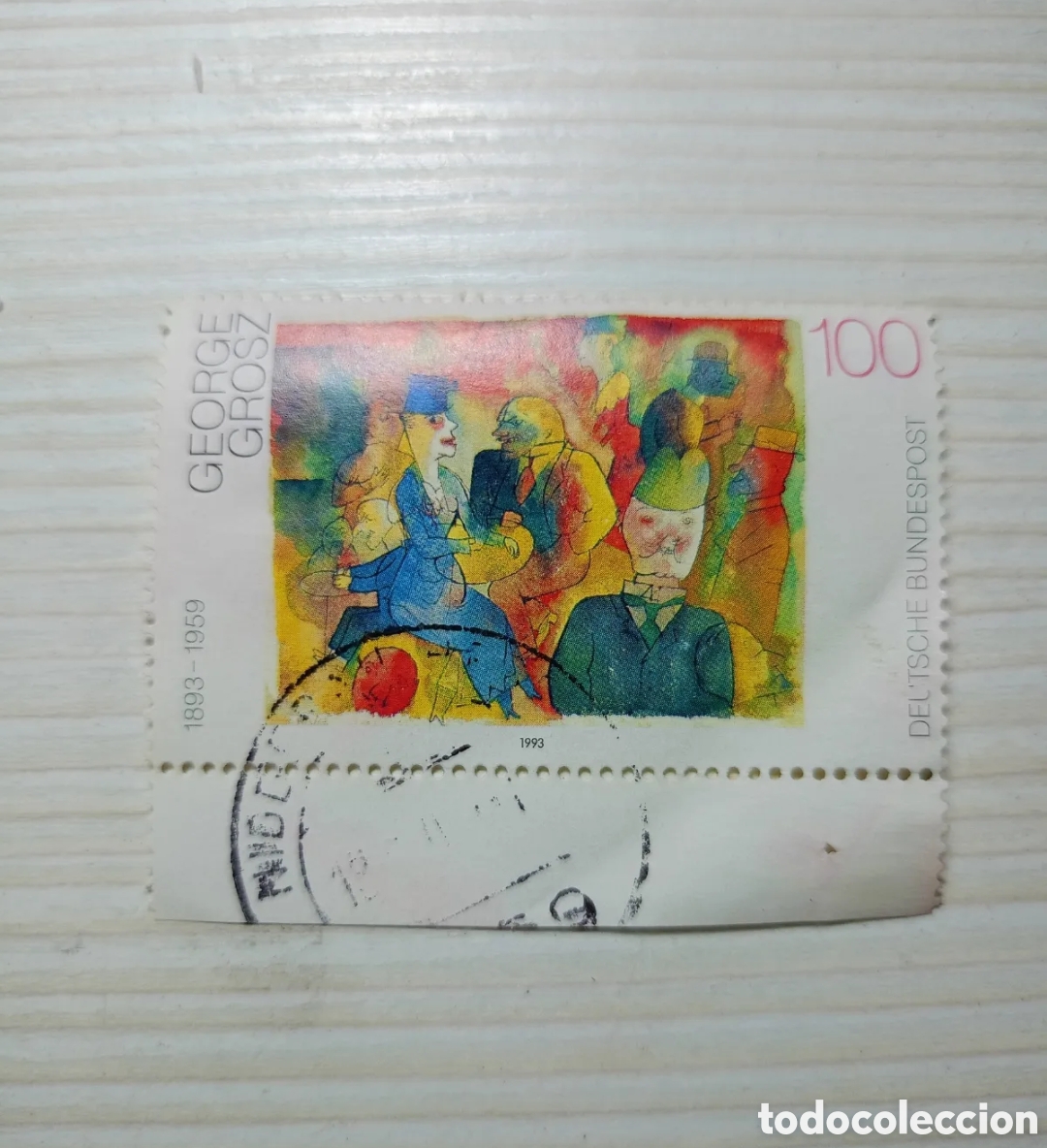 Sellos: sello postal de Alemania de 1993 presenta la pintura &rdquo;Caf&eacute;&rdquo; de George Grosz.Tiene un valor facia